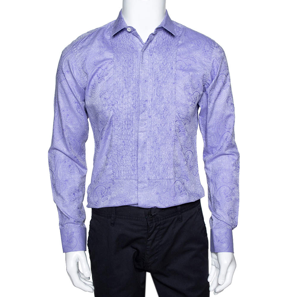 Pre Owned Etro Lilac Paisley Jacquard Cotton Pintucked Long Sleeve Shirt S