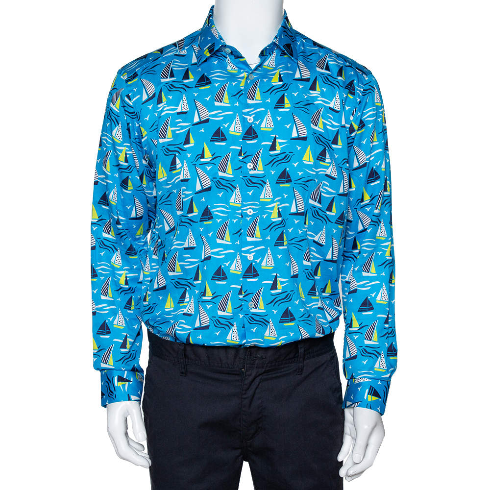 مملوكة مسبقًا Etro Blue Cotton Sail Boat Print Button Front Shirt L 