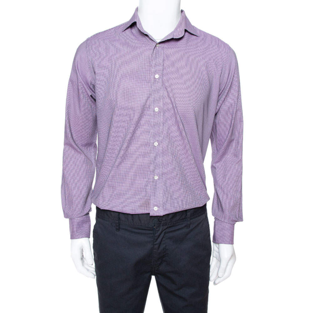 Pre Owned Etro Purple Houndstooth Pattern Cotton Long Sleeve Shirt M