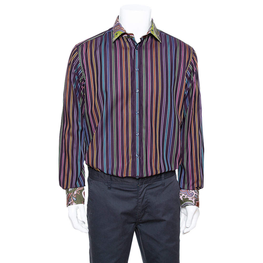 Pre Owned Etro Purple Striped Cotton Printed Collar Long Sleeve Shirt XL