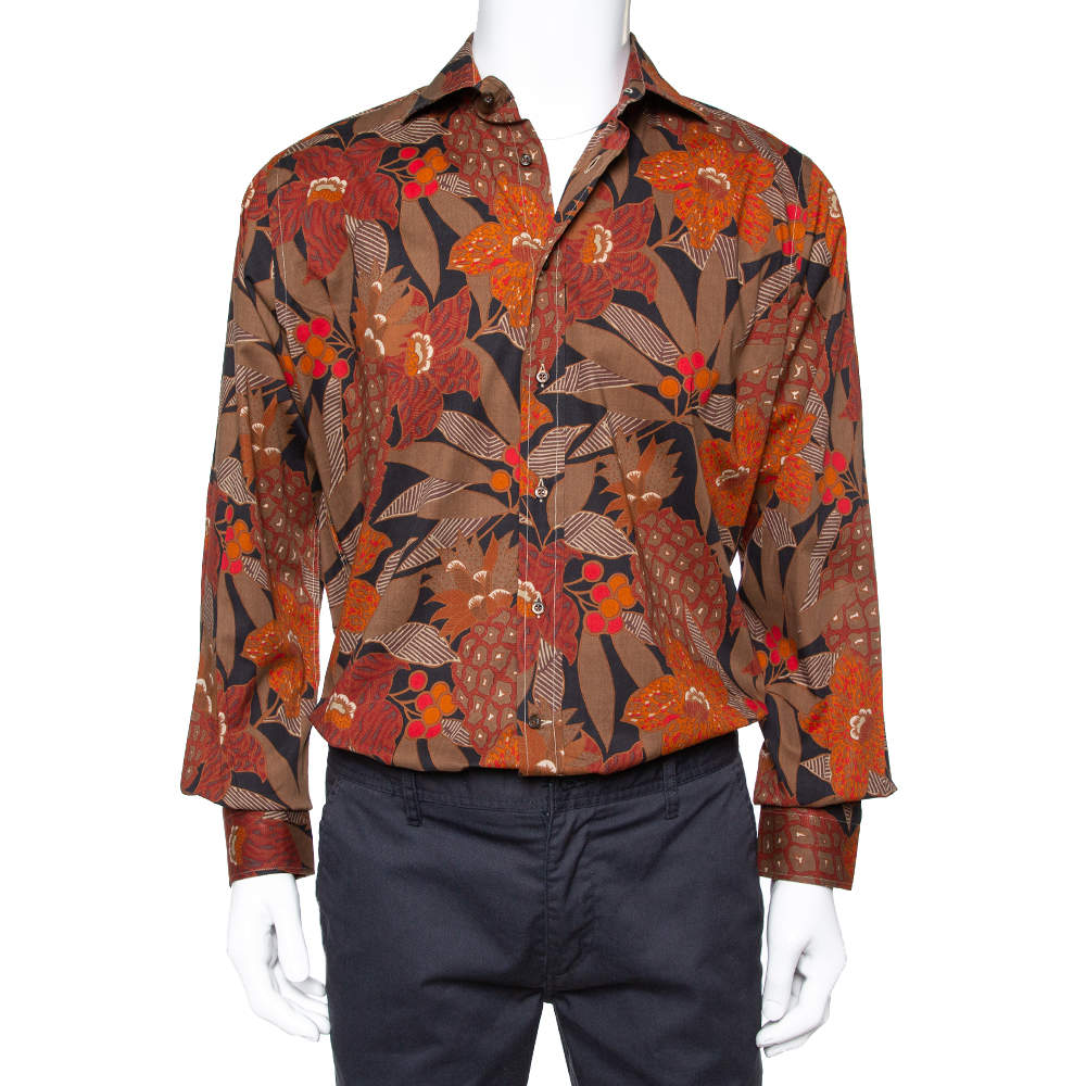 Etro Brown Cotton Abstract Floral Print Button Front Shirt XL 