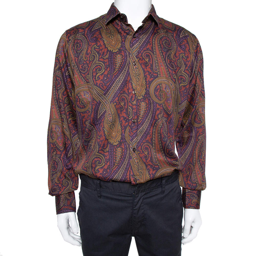 Pre Owned Etro Purple Paisley Printed Cotton Button Front Shirt XXL 