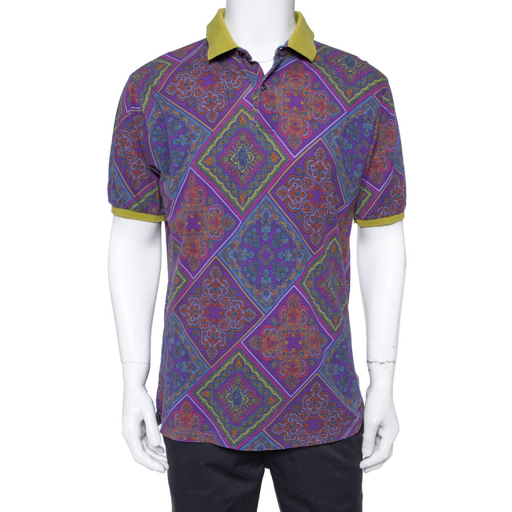 Etro Purple Paisley Print Cotton Contrast Collar Polo Shirt XL