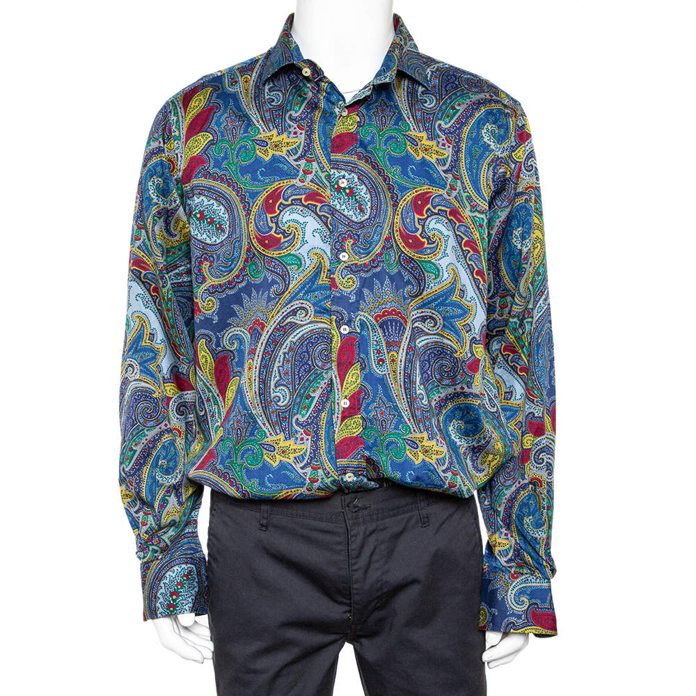 Pre Owned Etro Blue Paisley Printed Cotton Button Front Shirt XXL