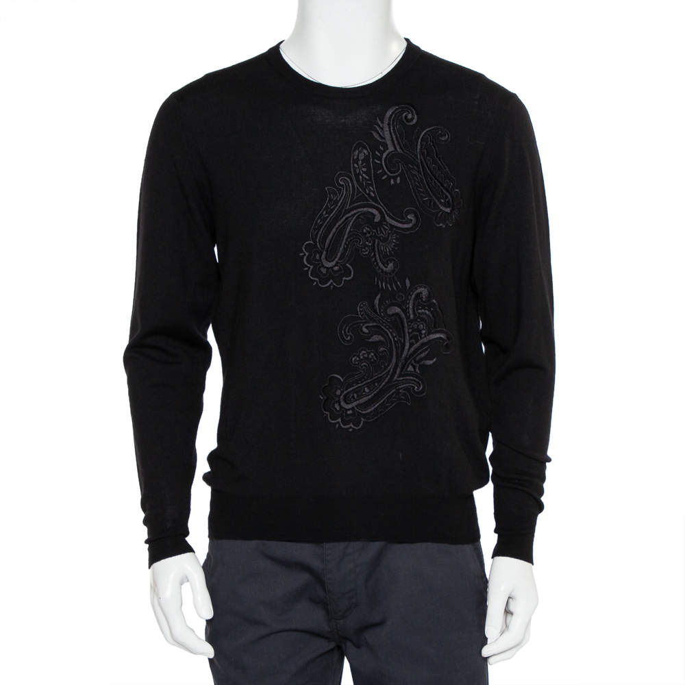 مملوكة مسبقًا جامبر إيترو مطرز بيزلي صوف أسود مقاس كبير جدا