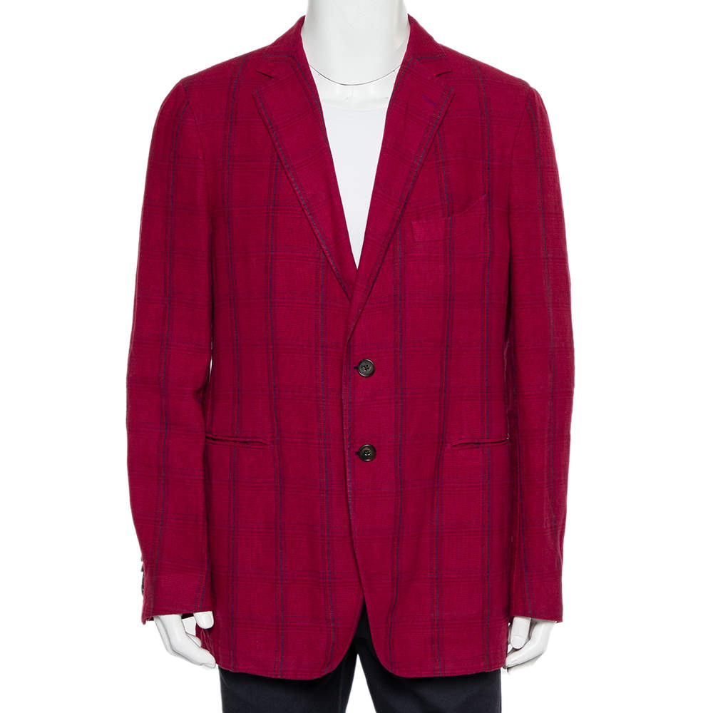 Pre Owned Etro Magenta Plaided Linen & Cashmere Button Front Blazer XXL