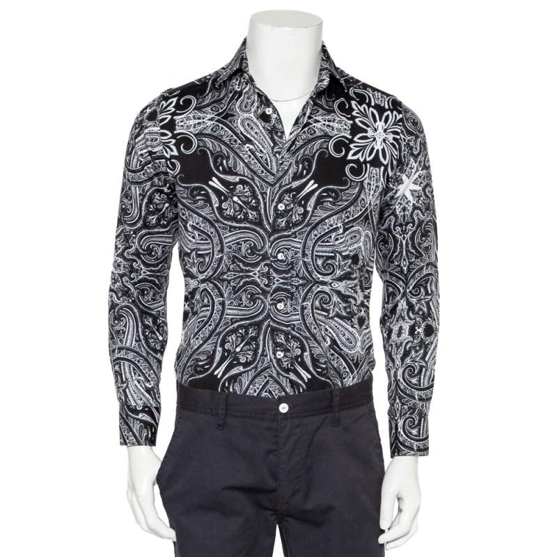 Pre Owned Etro Monochrome Paisley Printed Cotton Button Front Shirt S