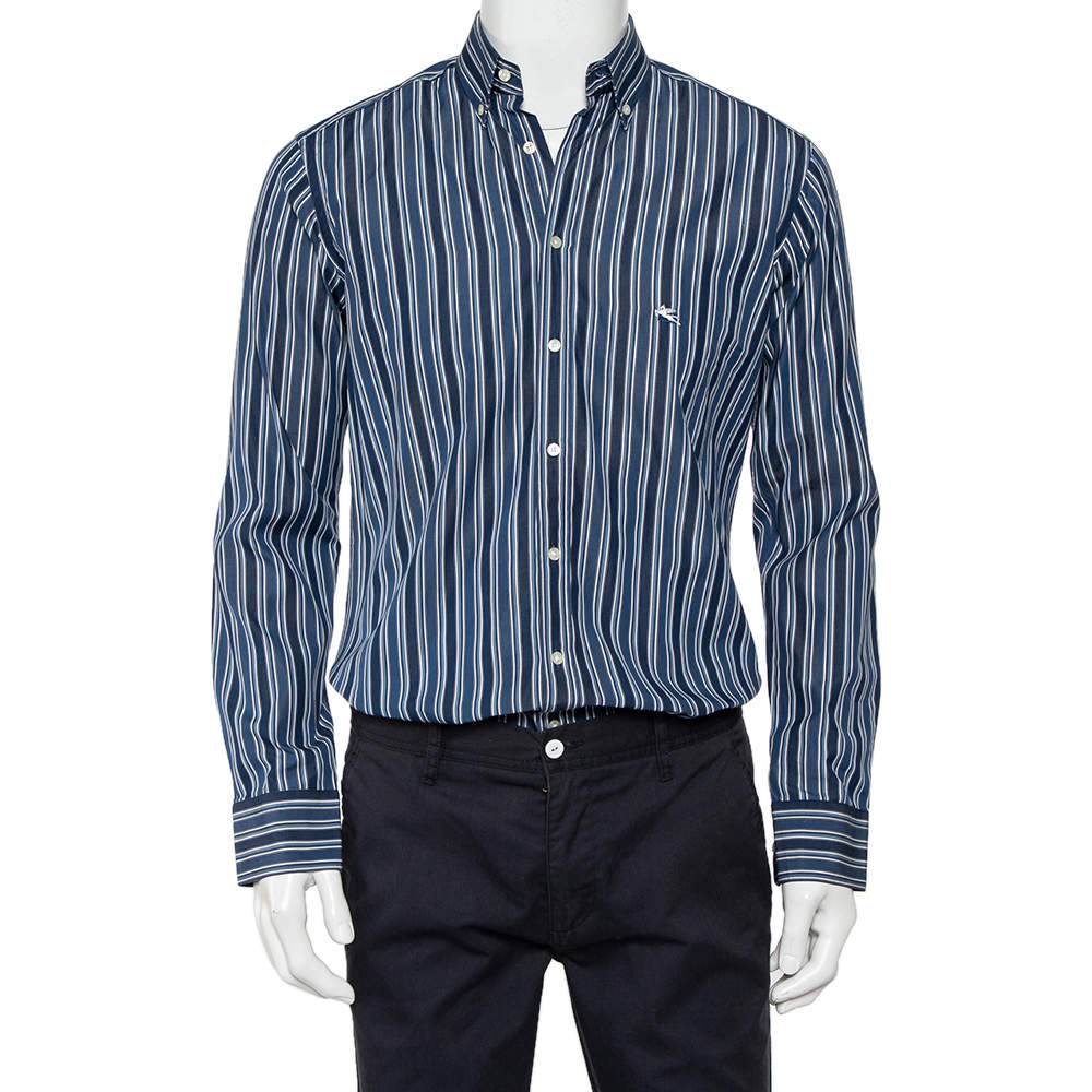Pre Owned Etro Blue Striped Cotton Button Front Shirt S 