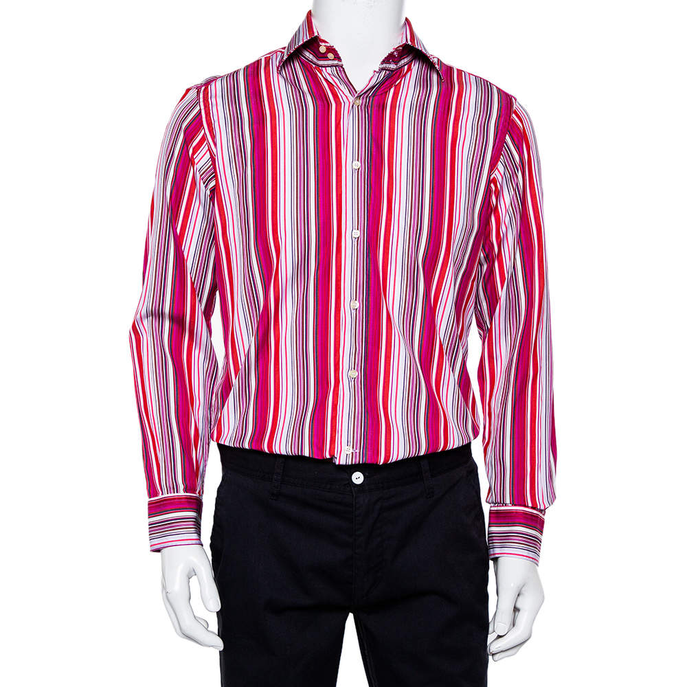 Pre Owned Etro Pink Striped Cotton Button Front Shirt M