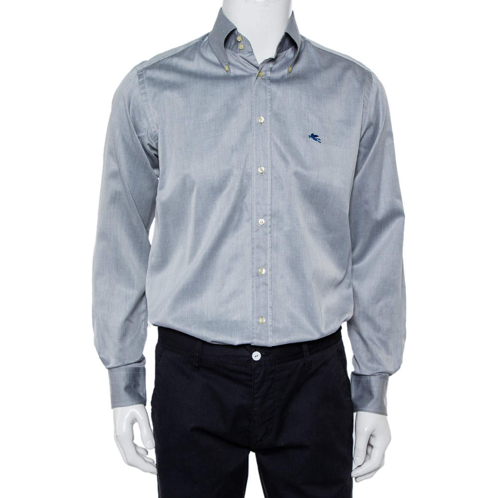 مملوكة مسبقًا Etro Grey Cotton Logo Embroidered Button Front Shirt M
