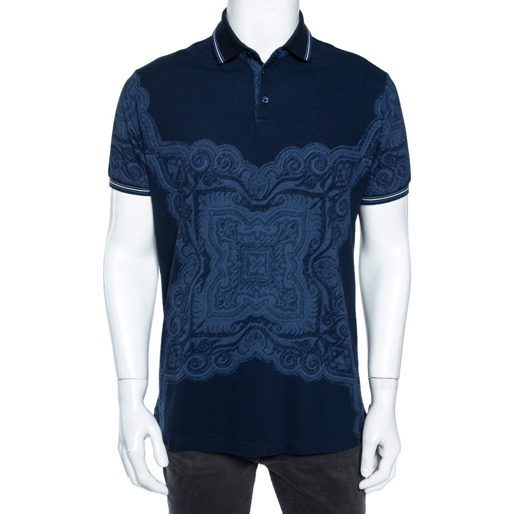 Pre Owned تي شيرت بولو إيترو قطن أزرق كحلي مطبوع باروك مقاس كبير جداً (اكس لارج)