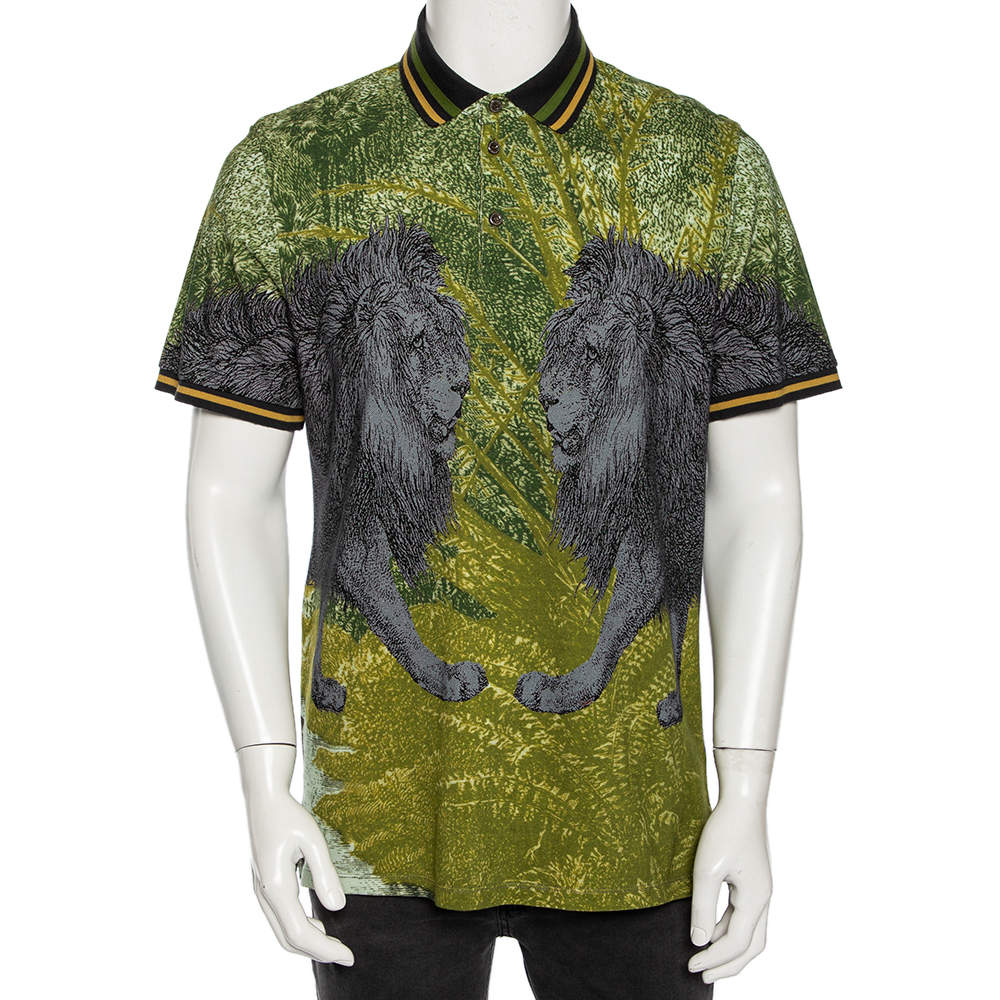  Etro Grey & Green Cotton Pique Lion Print Polo T Shirt L
