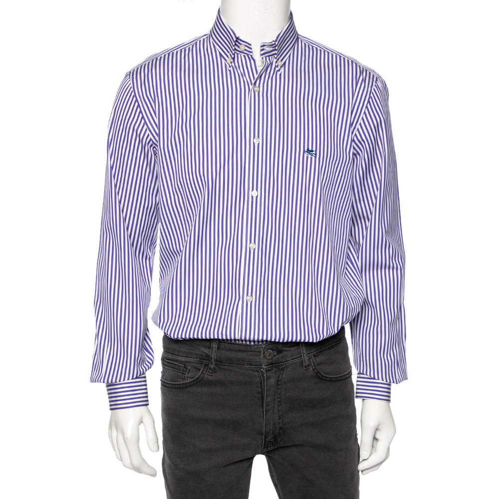 Pre Owned Etro Ink Blue Striped Cotton Button Down Shirt L 