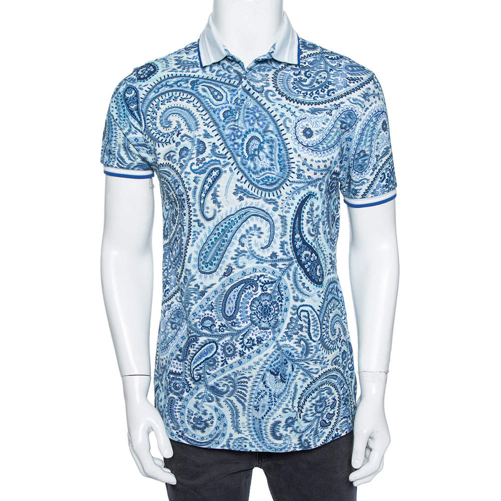 Pre Owned Etro Blue Paisley Printed Cotton Pique Polo T-Shirt L 