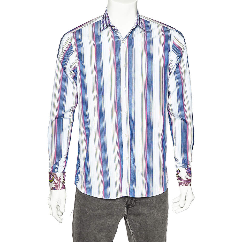 مملوكة مسبقًا Etro Multicolor Striped Cotton Contrast Detail Shirt M