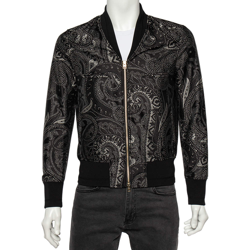 Pre Owned Etro Black Paisley Printed Silk Rib Knit Trimmed Bomber Jacket S