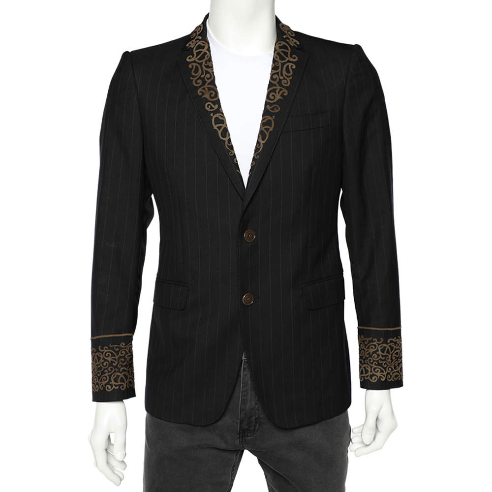 مملوكة مسبقًا جاكيت بليزر إيترو صوف أسود مخطط بحواف جلد مقاس متوسط - ميديوم
