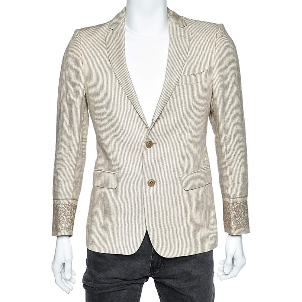 Pre Owned Etro Cream Striped Linen Contrast Trim Blazer S