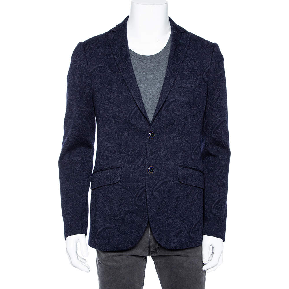 Pre Owned جاكيت بليزر ايترو نيو جيرسي صوف جاكار بايزلي أزرق كحلي مقاس وسط (ميديوم)