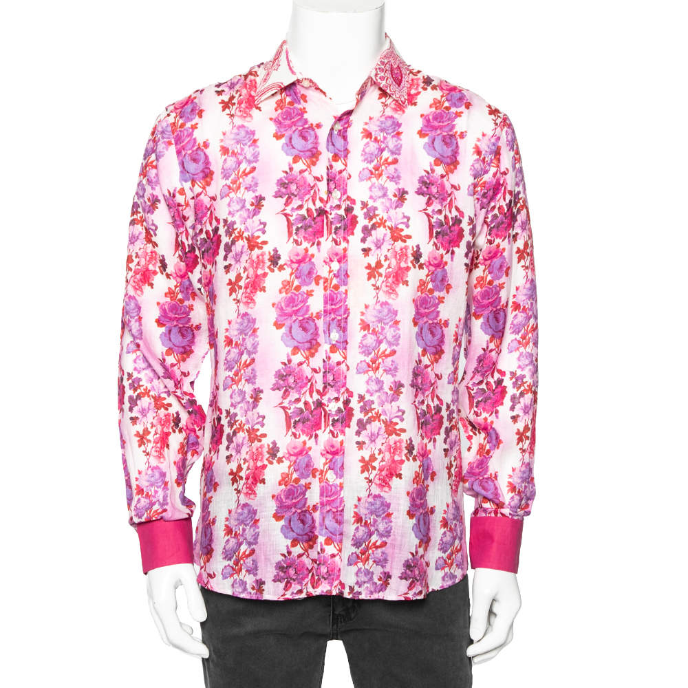 مملوكة مسبقًا Etro Multicolor Floral Printed Linen Long Sleeve Button Front Shirt L