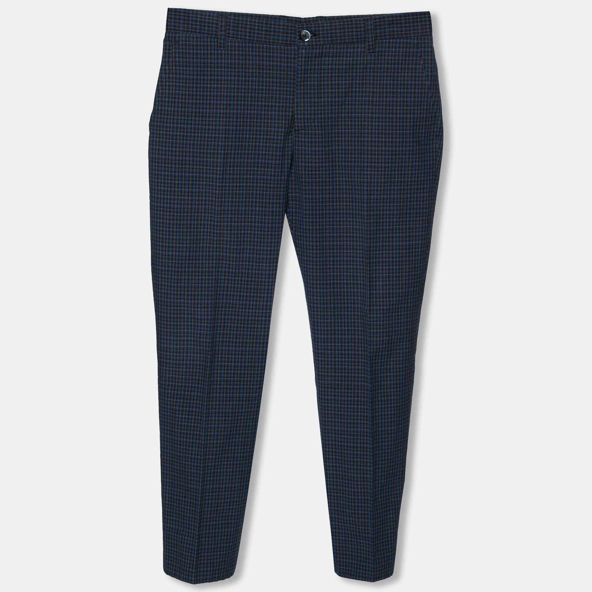 Pre Owned Etro Blue Checked Cotton Tapered Pants S