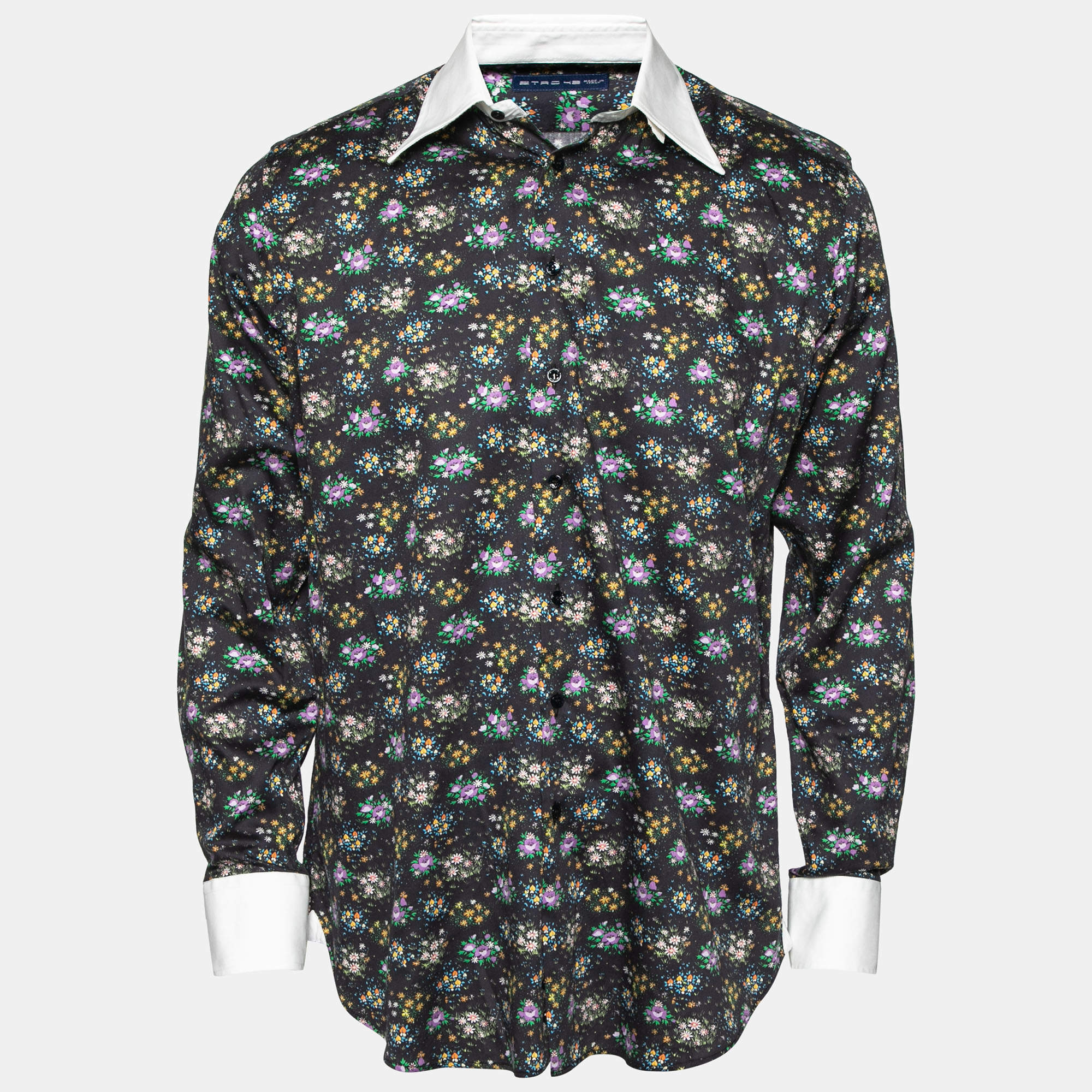 مملوكة مسبقًا Etro Midnight Blue Floral Printed Cotton Contrast Collar & Cuff Detail Shirt M