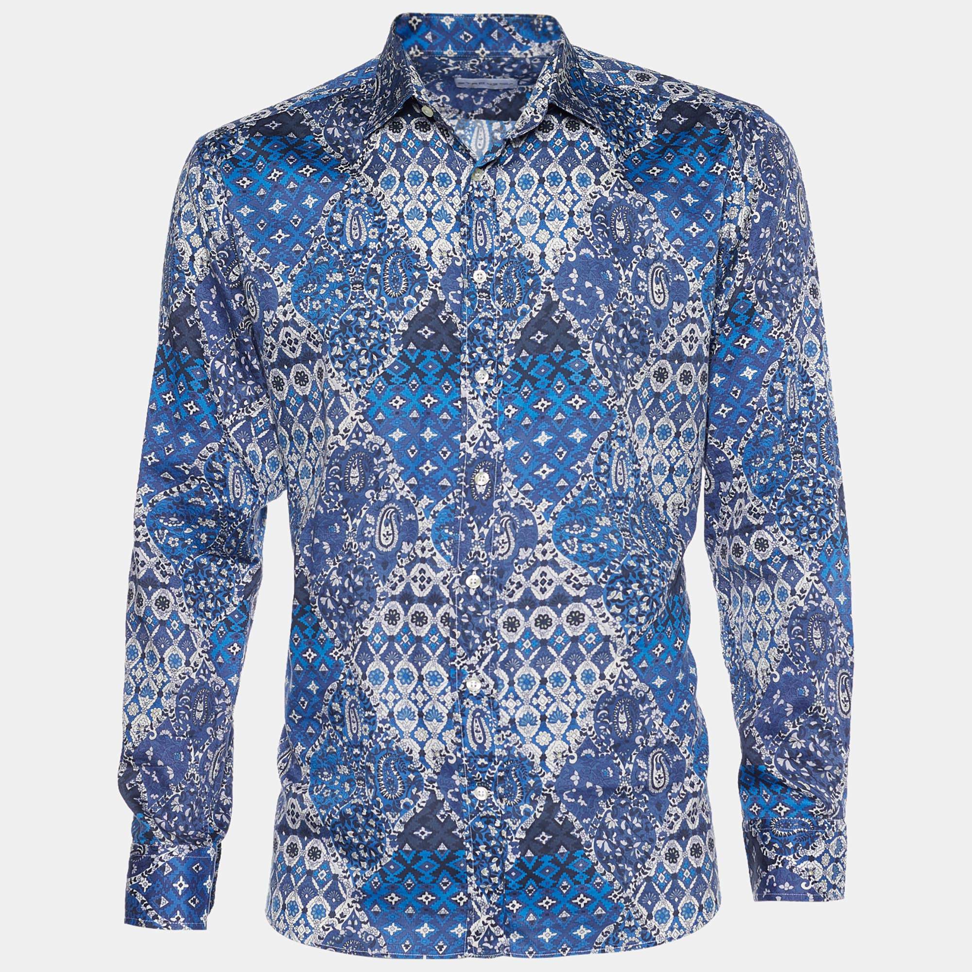 Pre Owned قميص إيترو قطن مطبوع بايزلي أزرق أزرار أمامية مقاس كبير جداً جداً (اكس اكس لارج)