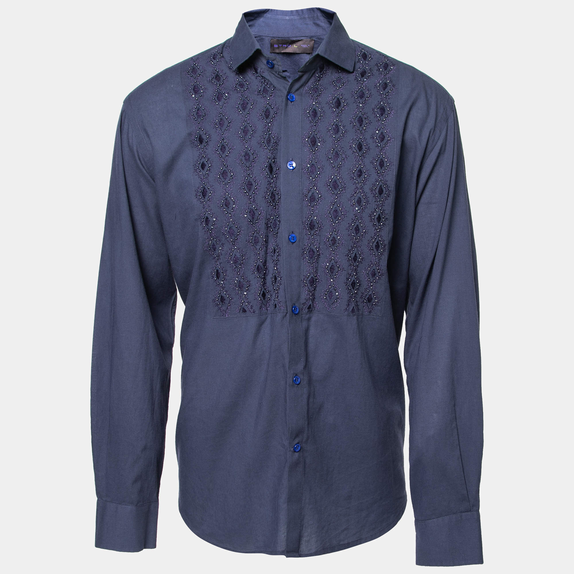 Pre Owned قميص إيترو قطن أزرق كحلي تطريز وزخرفة يدوية بأزرار أمامية مقاس كبير - لارج