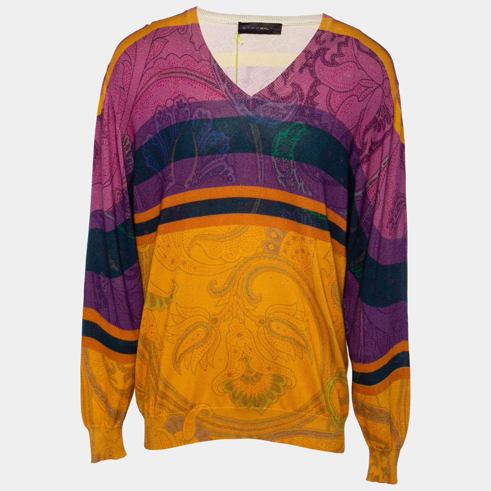 Pre Owned Etro Multicolor Paisley Printed Cotton V-Neck Sweater 2XL