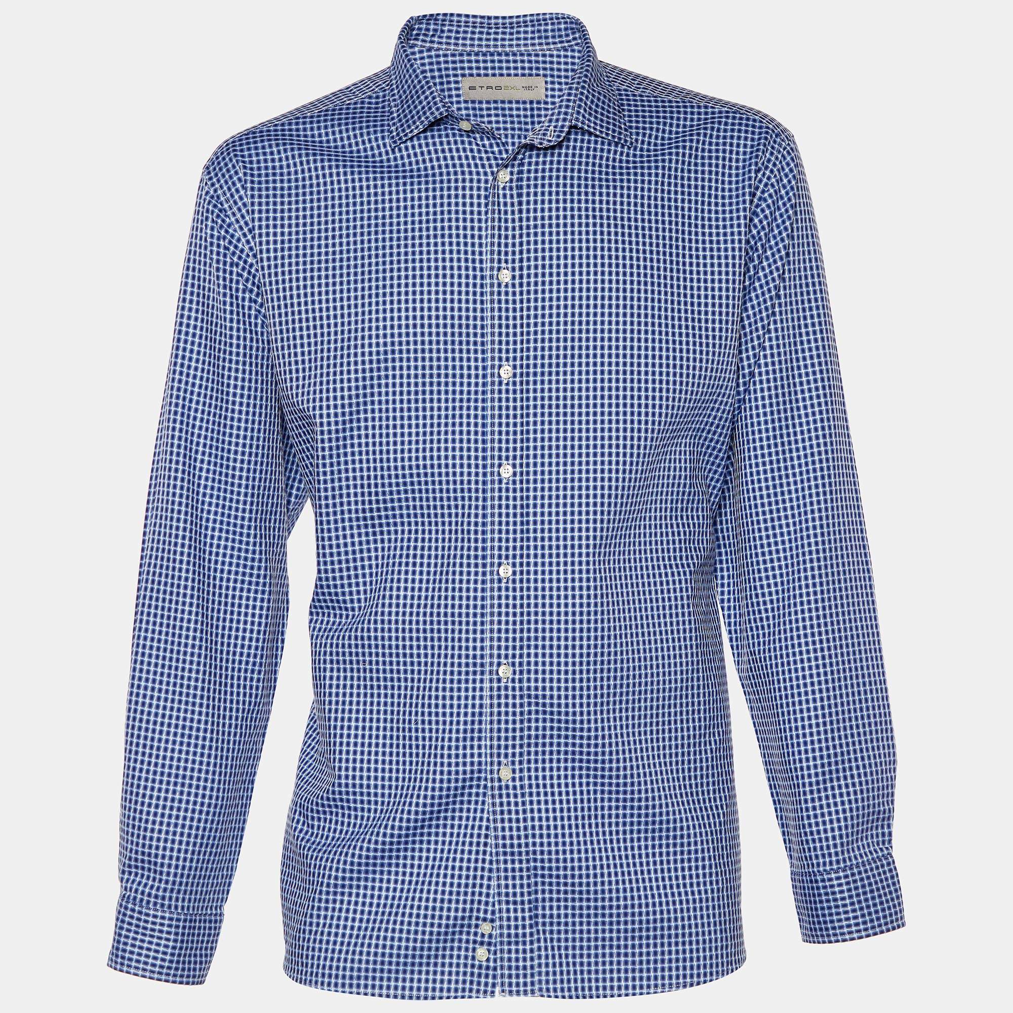 مملوكة مسبقًا Etro Blue Square Pattern Cotton Button Front Shirt 2XL
