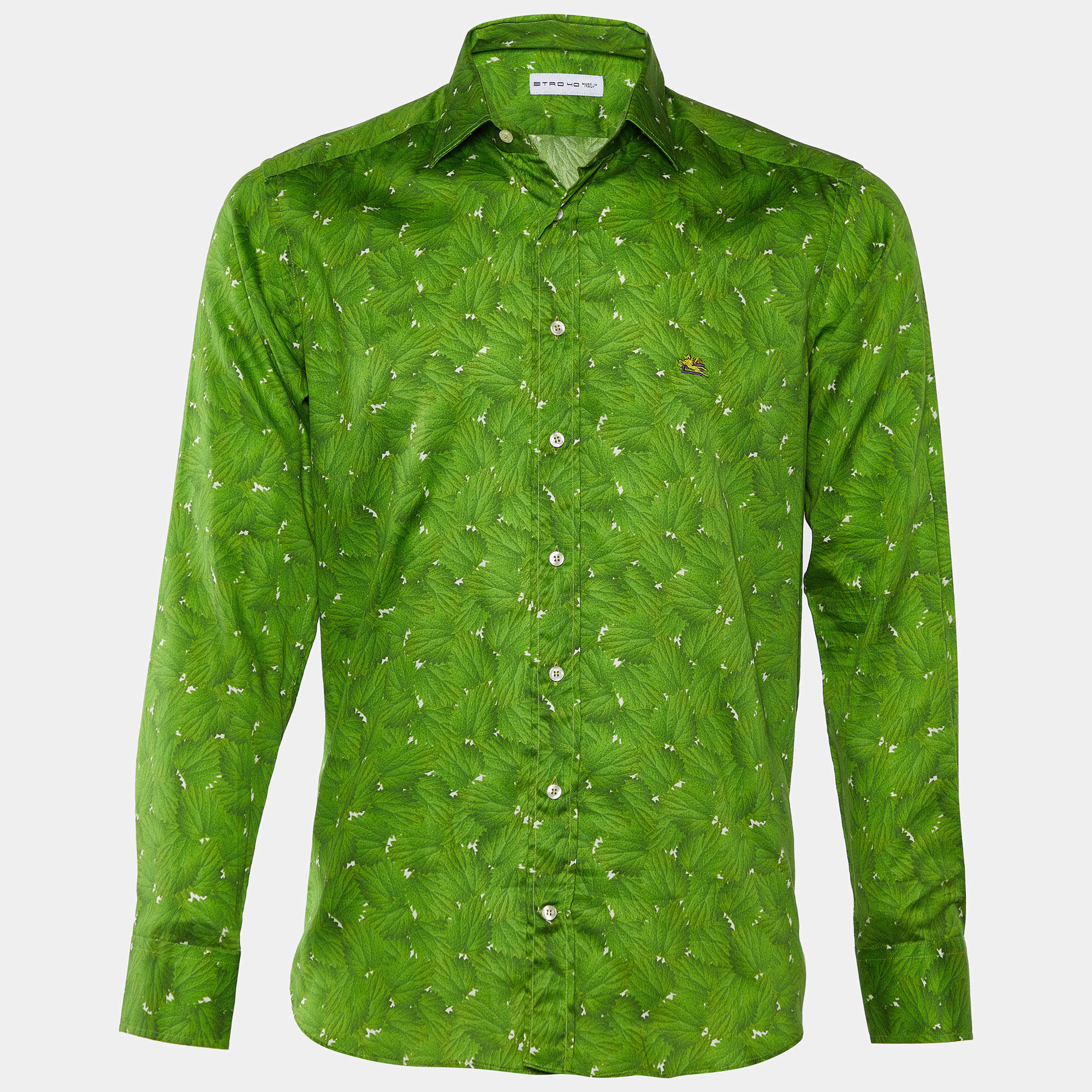 Pre Owned Etro Green Leaves Printed Cotton Button Front Shirt M