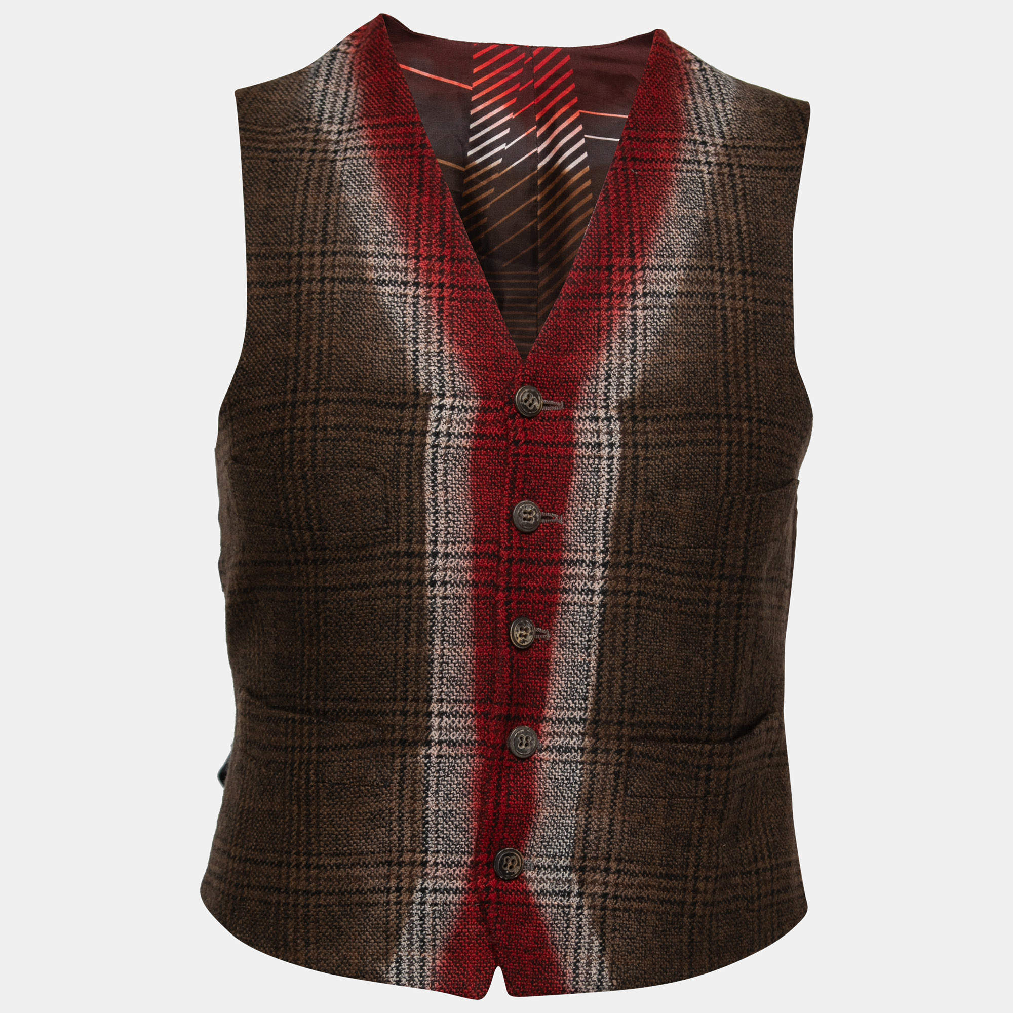 Pre Owned Etro Brown Checked Wool Button Front Waistcoat M