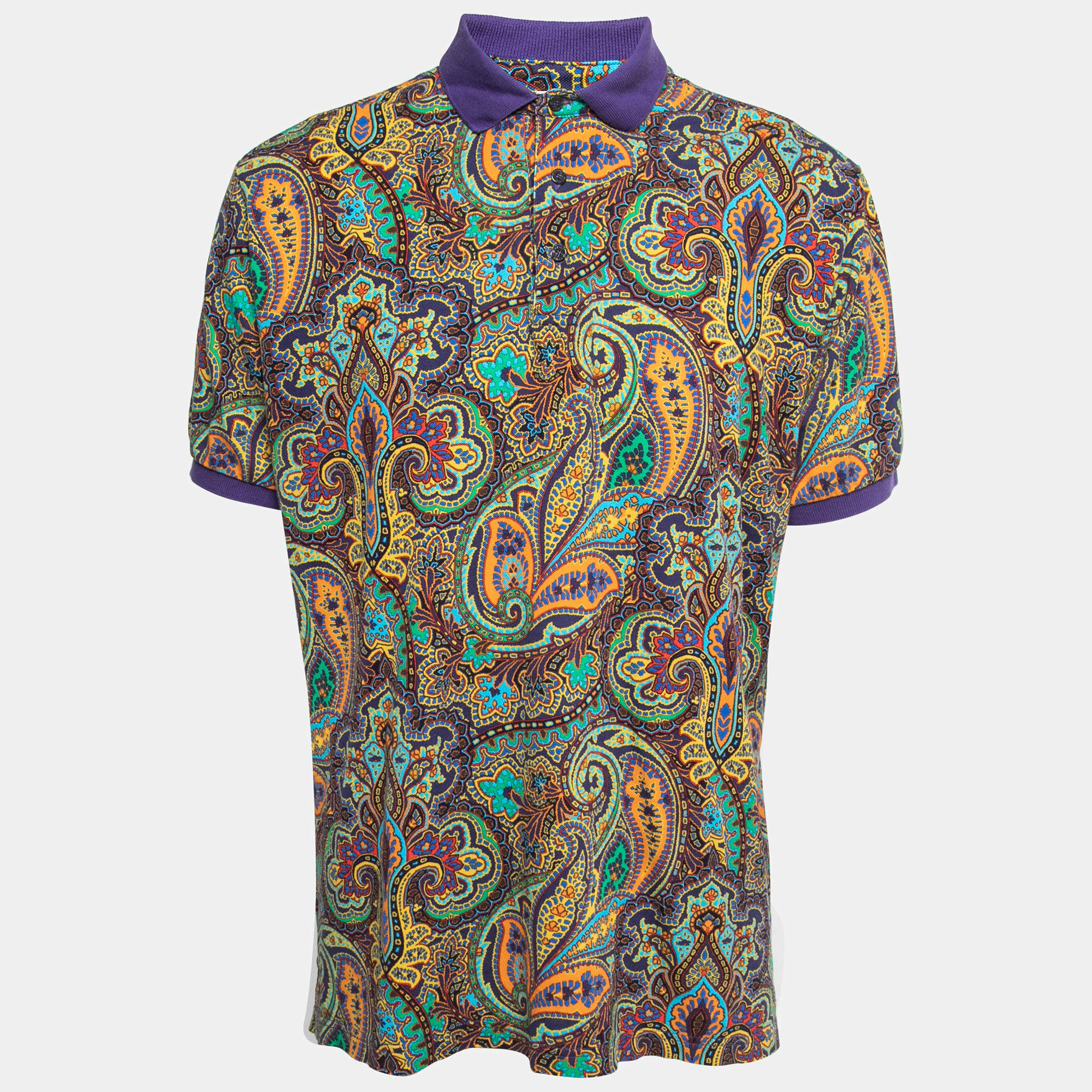 Etro Purple Paisley Printed Cotton Polo T-Shirt XL