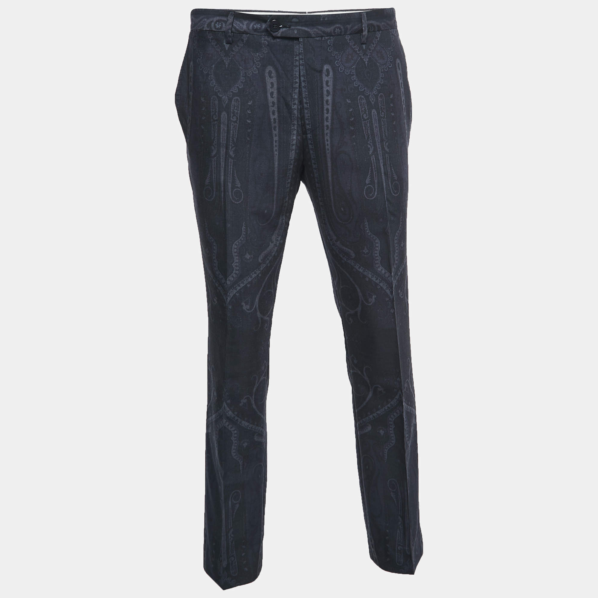 Pre Owned Etro Black Paisley Printed Wool Superleggera Trousers L