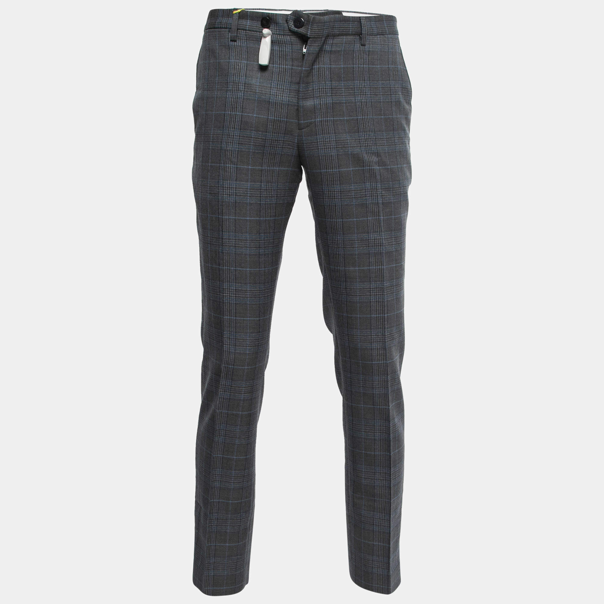 Pre Owned Etro Grey/Blue Plaid Wool Tailored Pants L