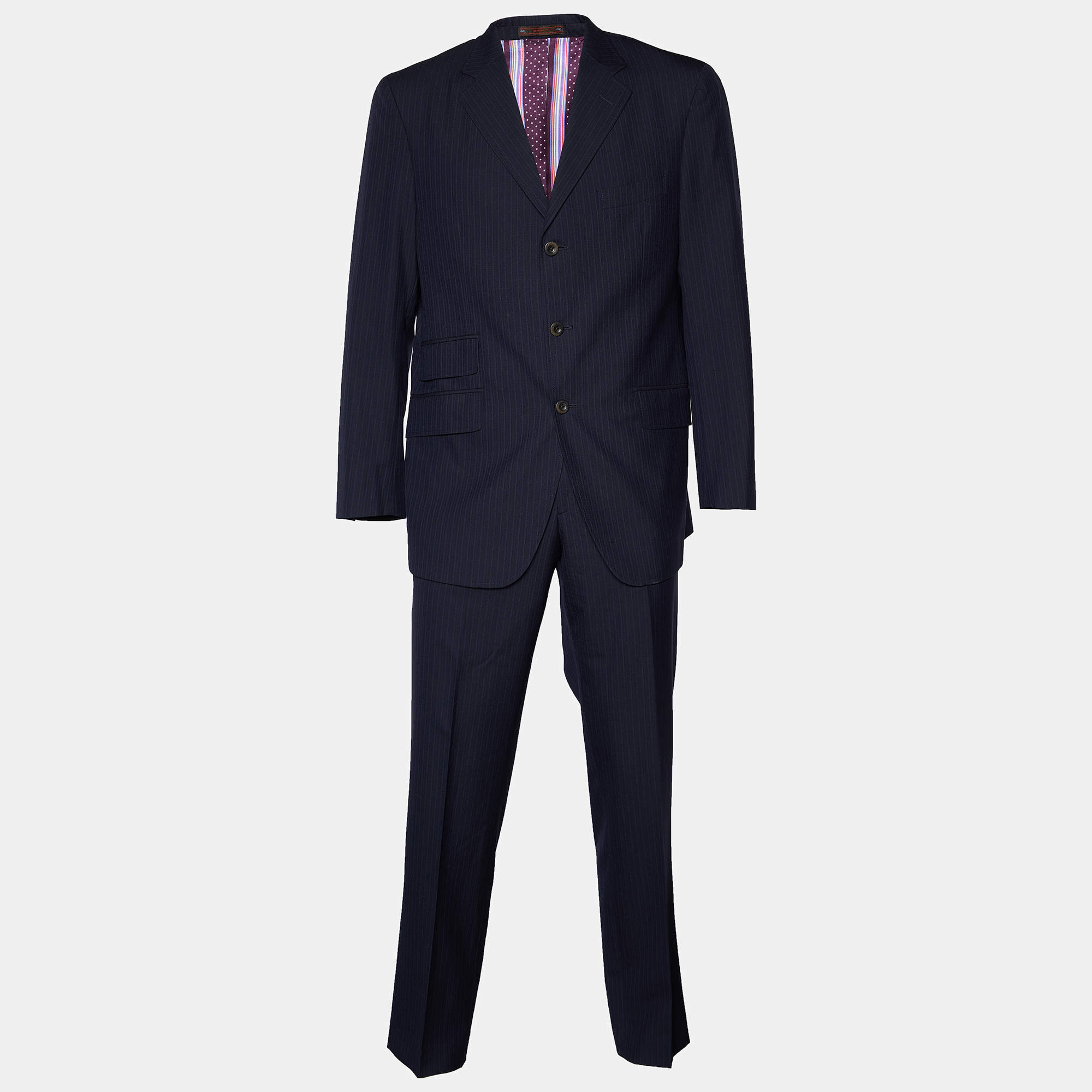 مملوكة مسبقًا Etro Navy Blue Pinstriped Wool Suit XL
