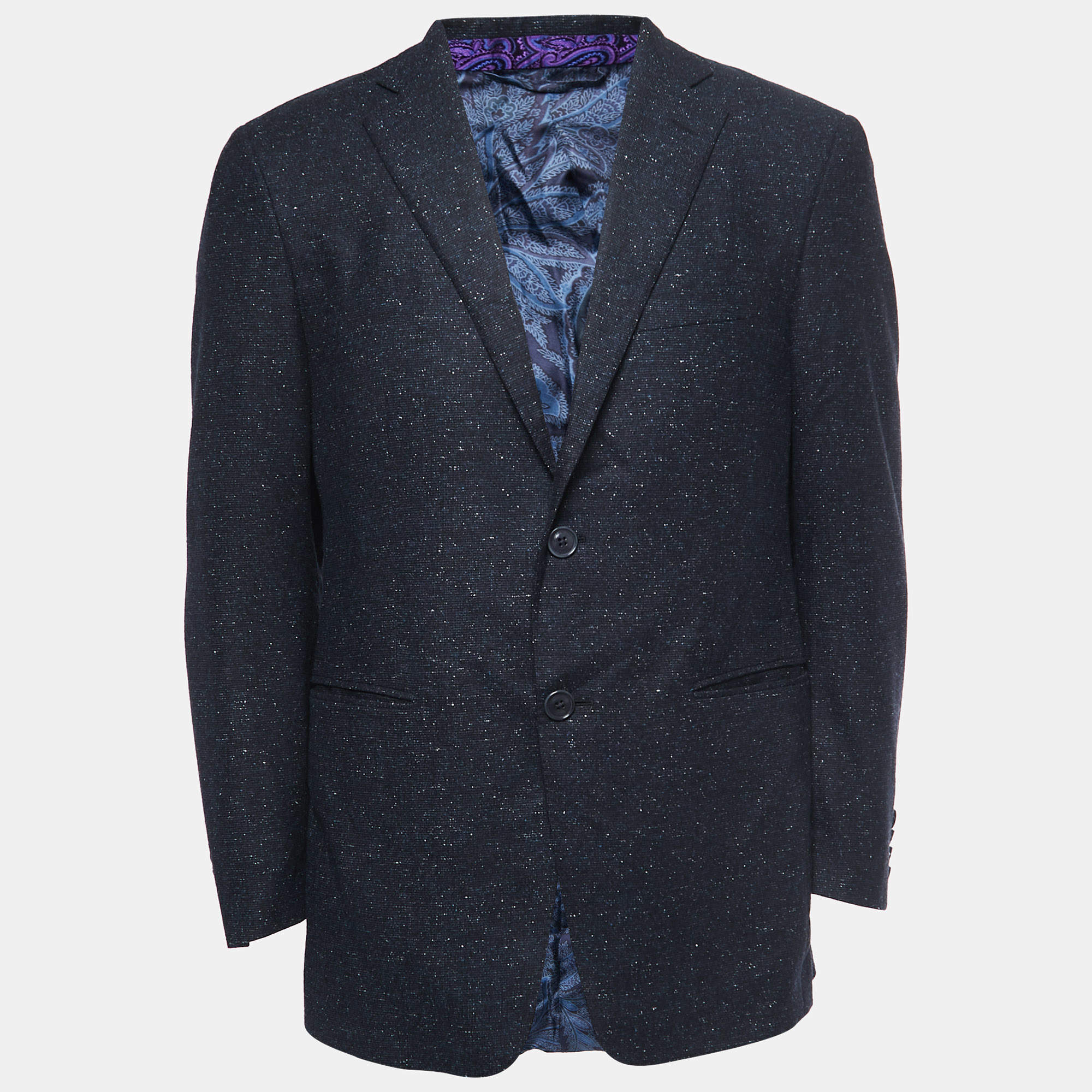 Pre Owned Etro Navy Blue Patterned Wool Blend Single Breasted Blazer L