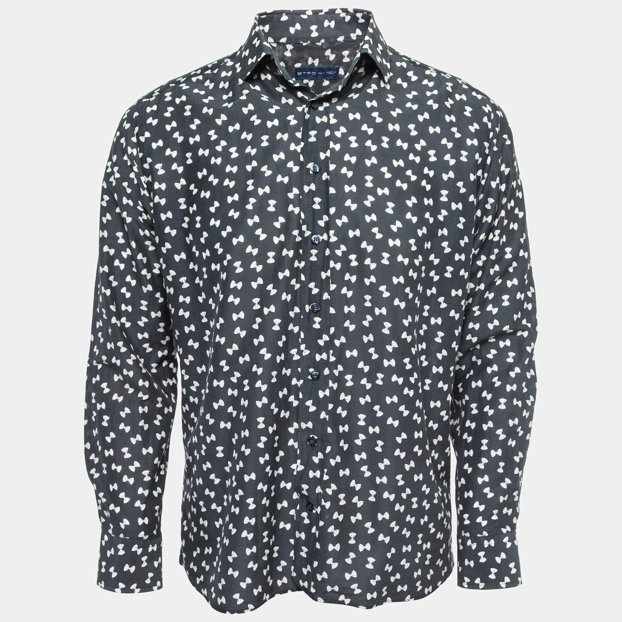 مملوكة مسبقًا Etro Navy Blue Bow Pasta Printed Cotton Shirt L