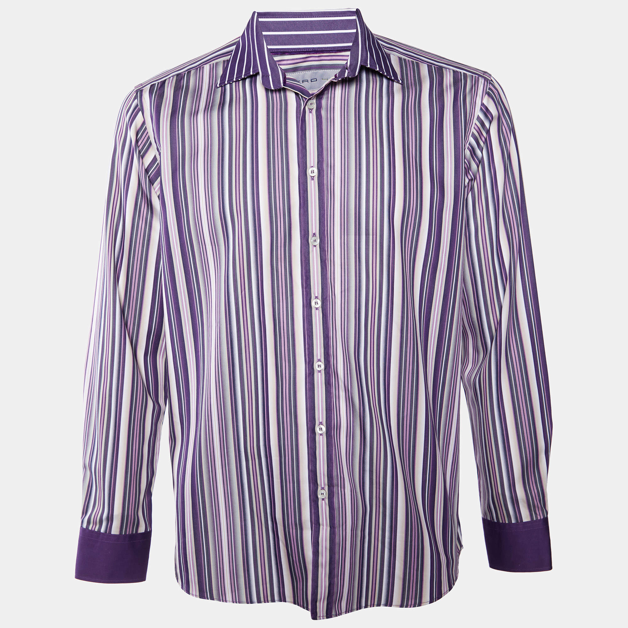 Pre Owned Etro Purple Striped Cotton Button Front Shirt L