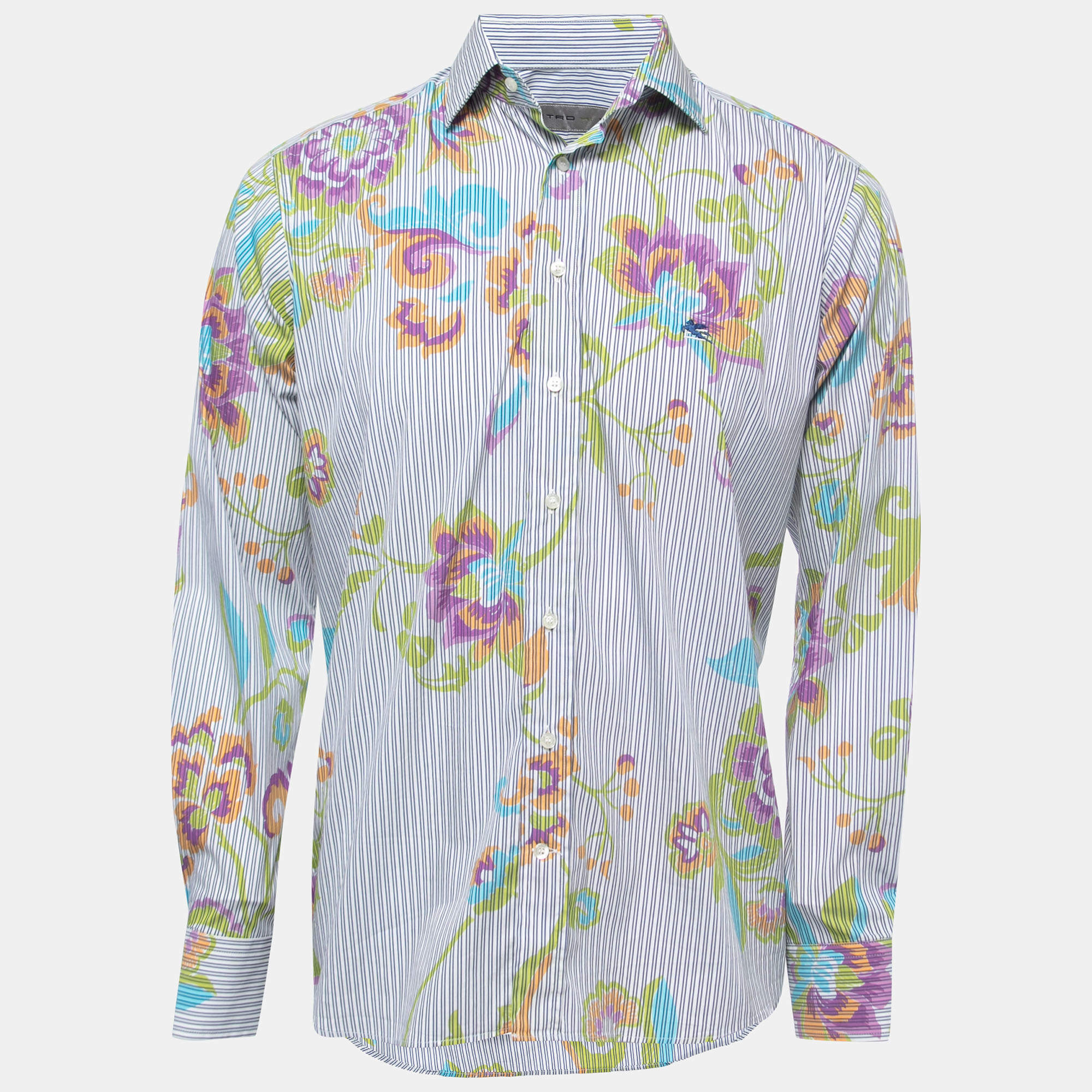 مملوكة مسبقًا Etro Blue Floral Striped Printed Cotton Button Front Shirt L