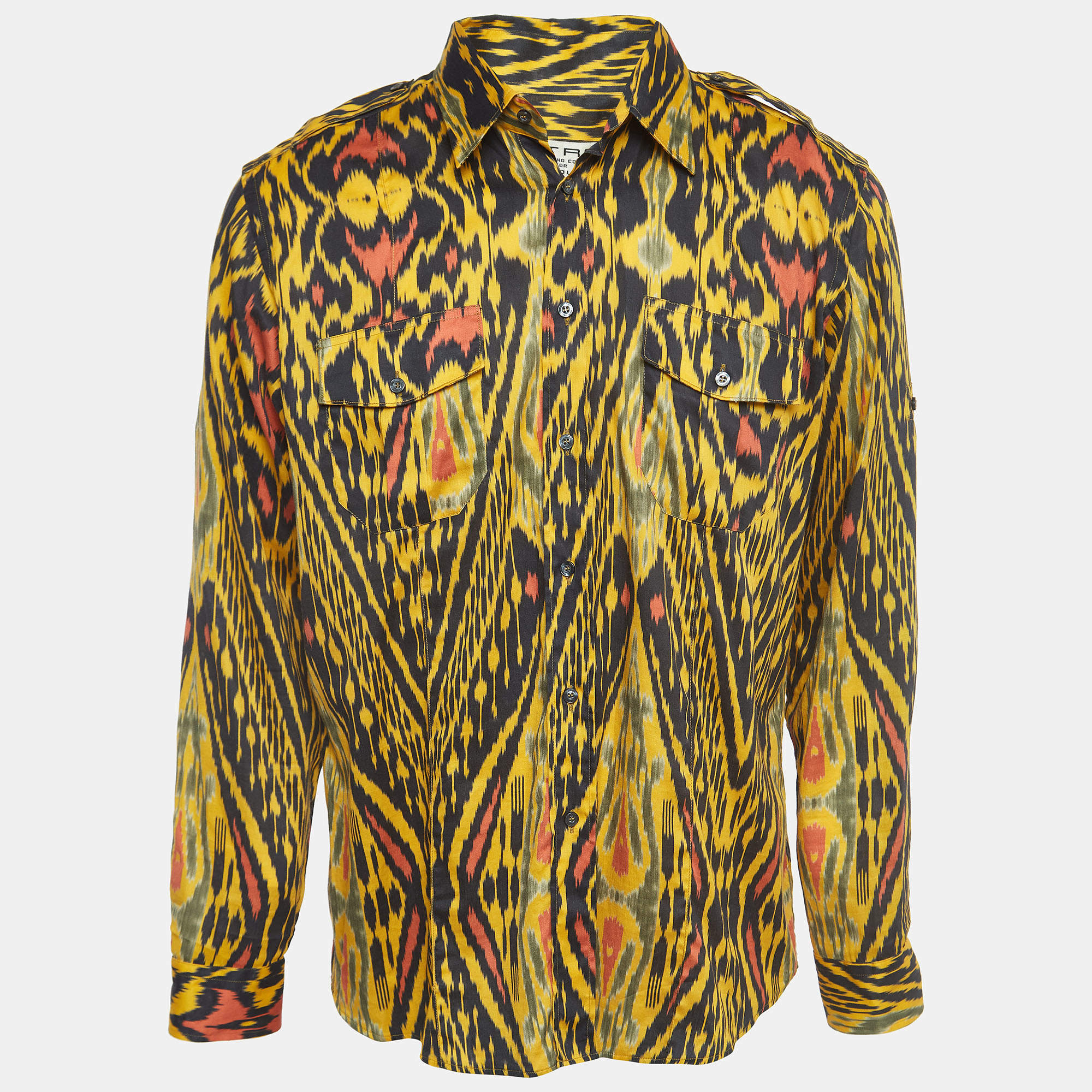 Pre Owned Etro Vintage Yellow Abstract Print Cotton Button Front Full Sleeve Shirt XL