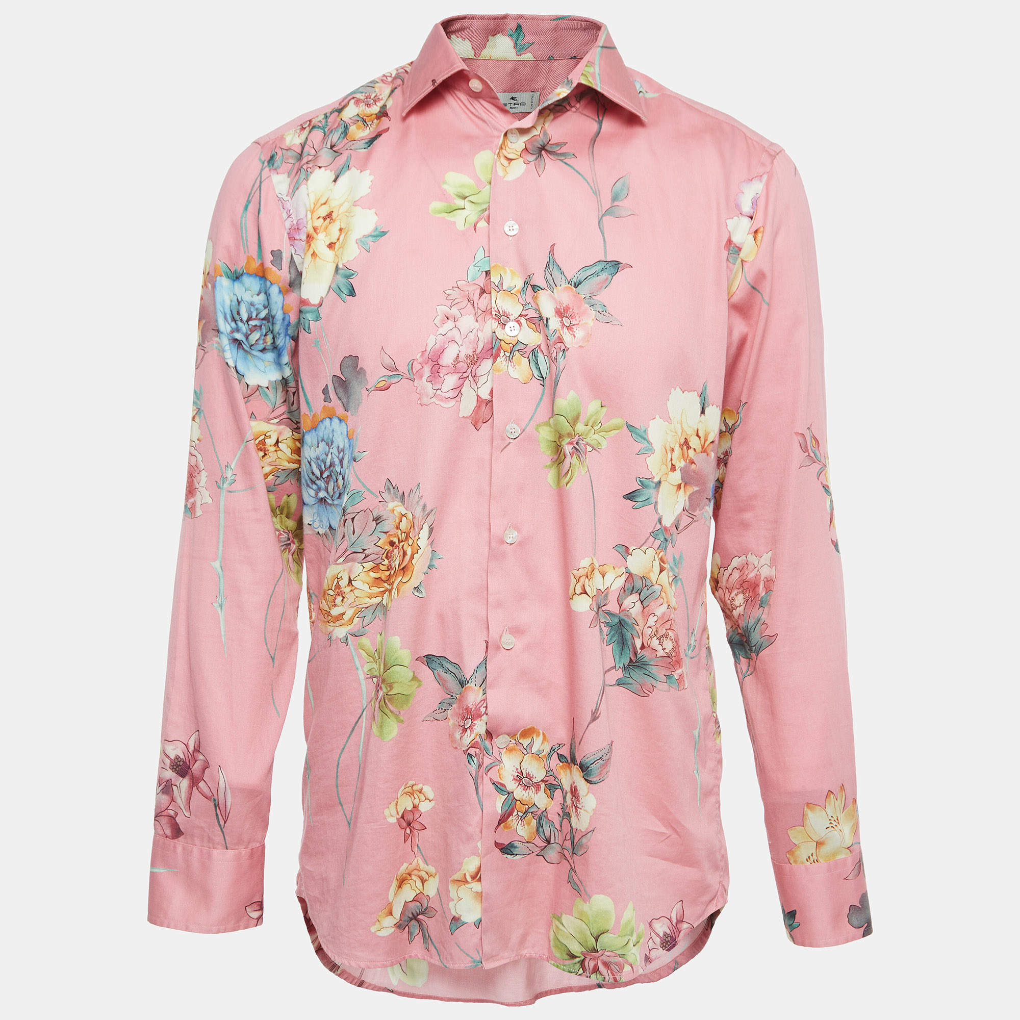 Pre Owned Etro Pink Floral Printed Cotton Shirt L