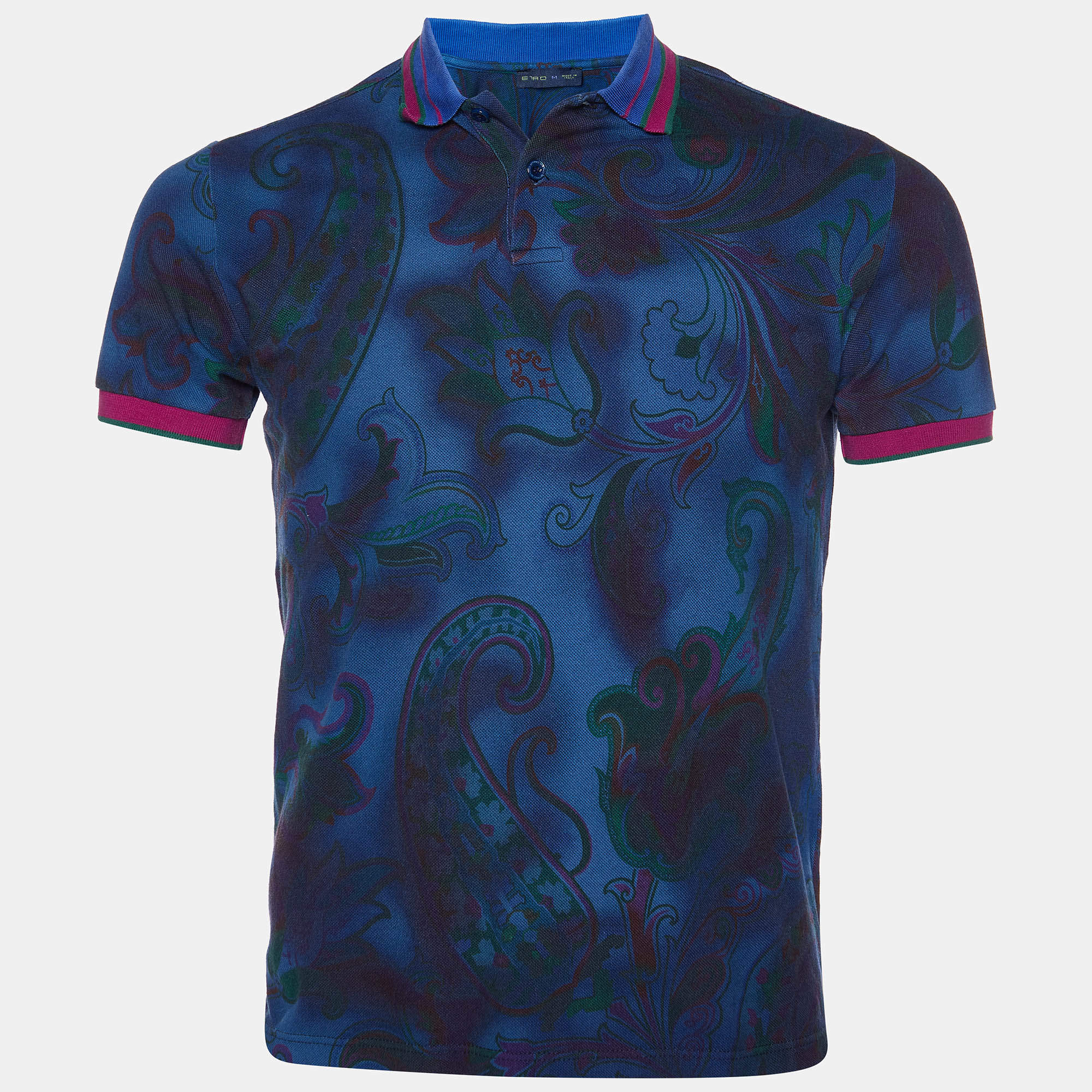 Pre Owned Etro Dark Blue Paisley Print Cotton Pique Polo T-Shirt M