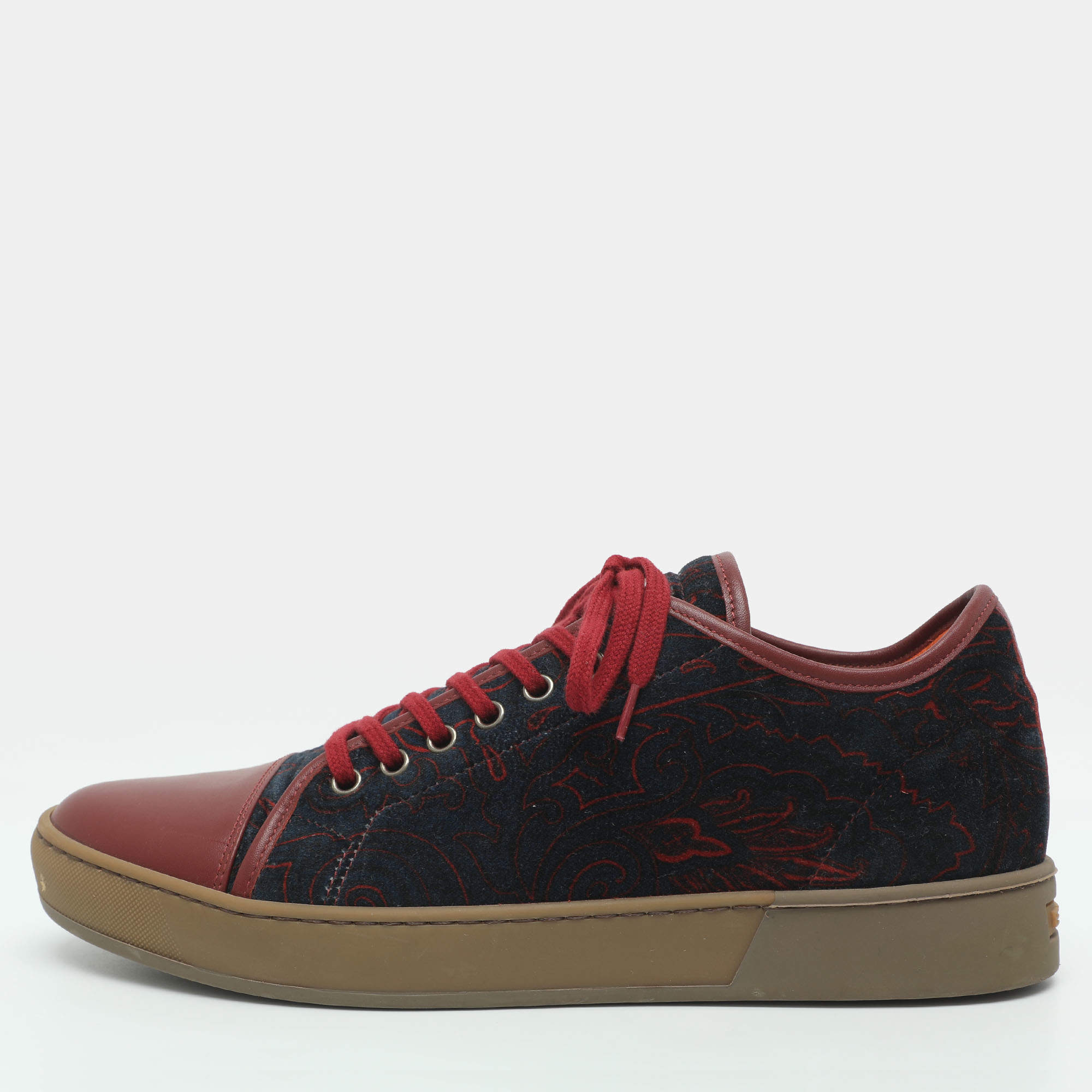 Pre Owned Etro Size 42 Navy Blue/Red Leather and Paisley Printed Velvet Low Top Sneakers