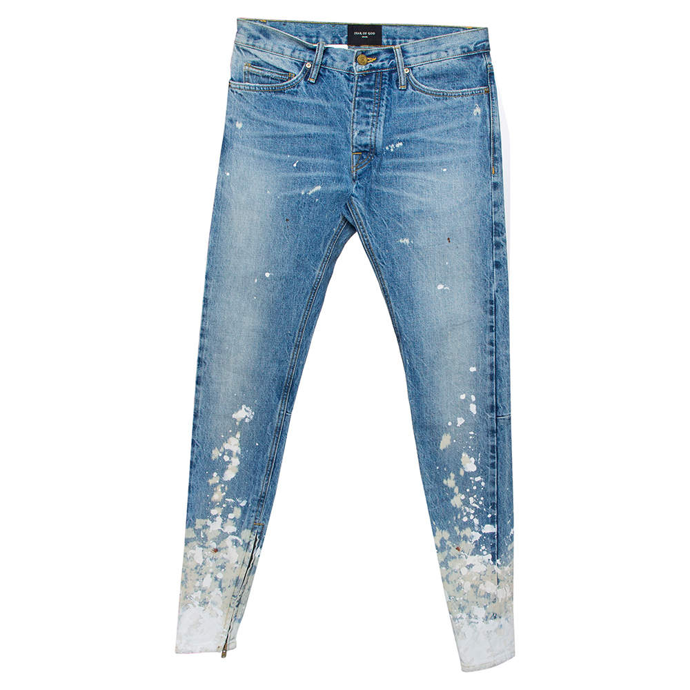 Pre Owned Fear of God Blue Denim Zip Detail Painters Selvedge Jeans S