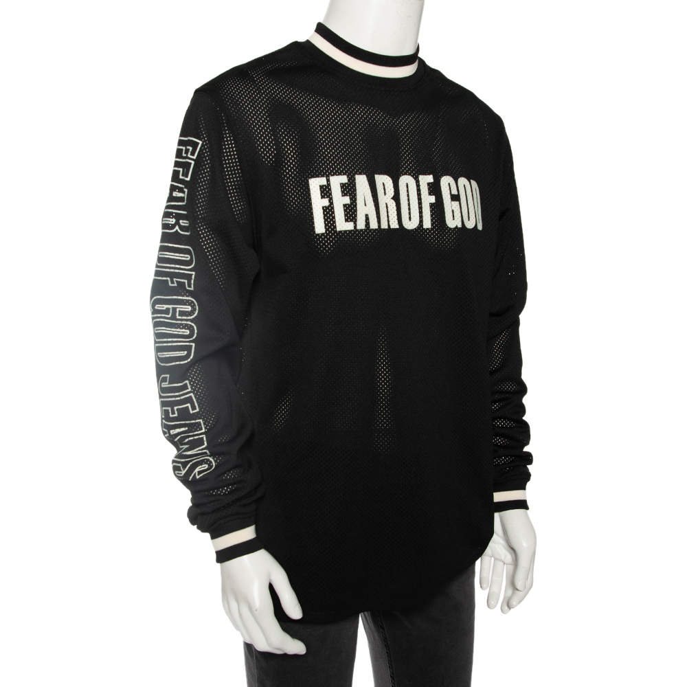 Fear of God Black Synthetic Logo Print Long Sleeved Mesh-Jersey T