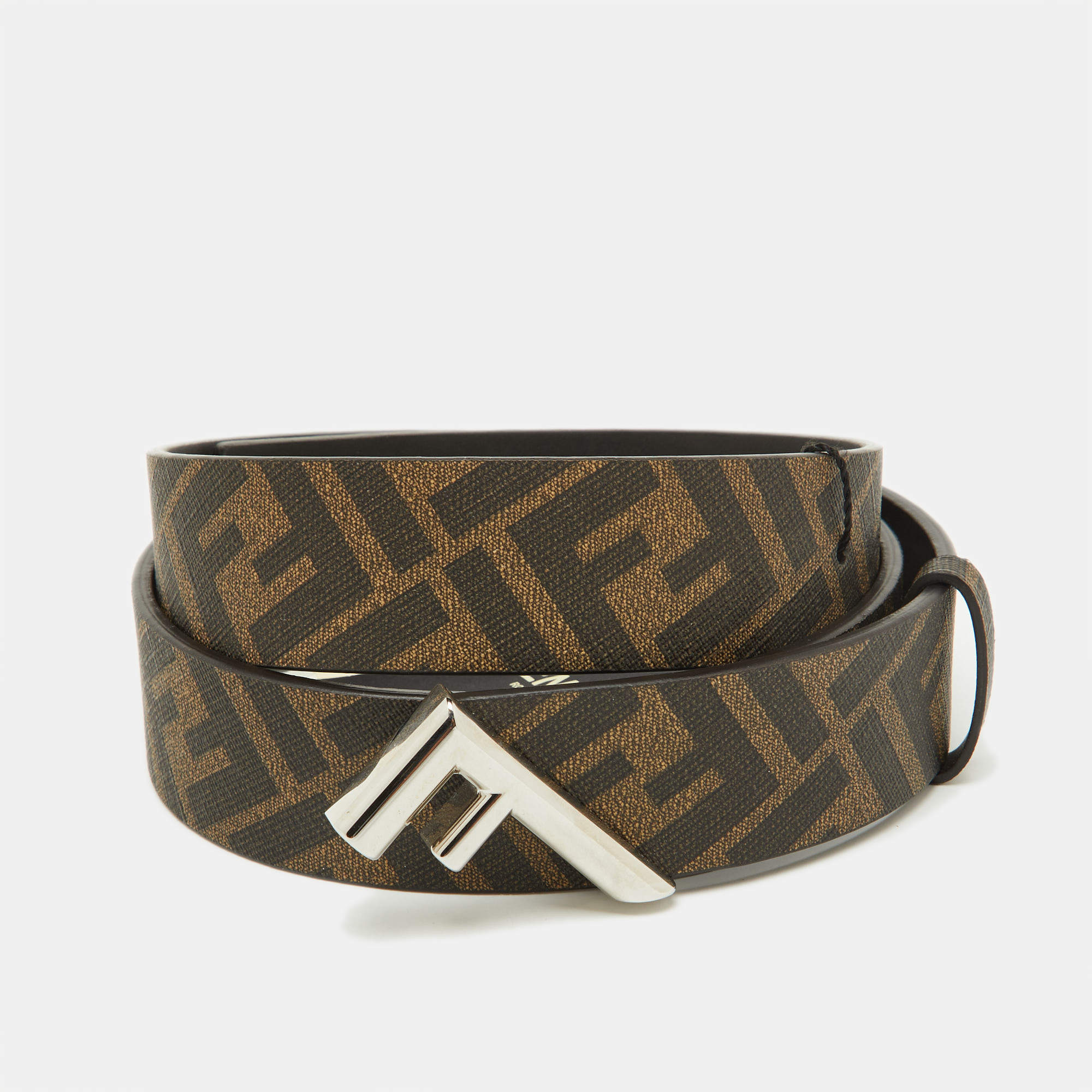 Fendi Brown Zucca Canvas Logo Buckle Belt 100 CM