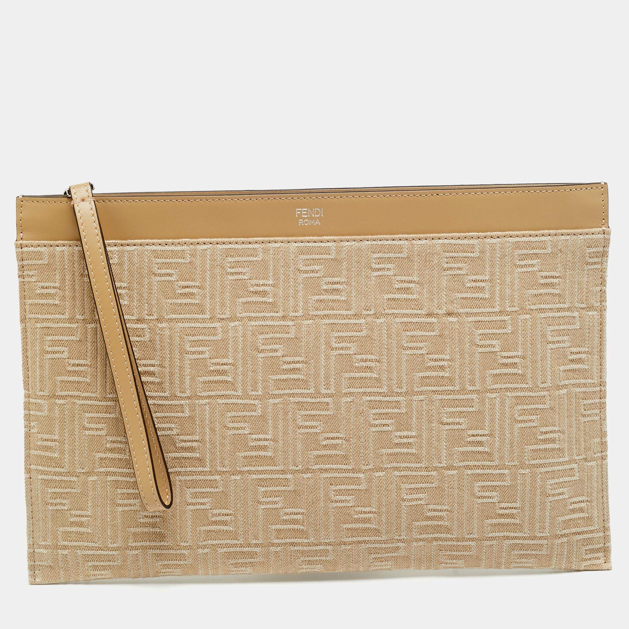 Pre Owned Fendi Medium Beige FF Jacquard Canvas Flat Pouch