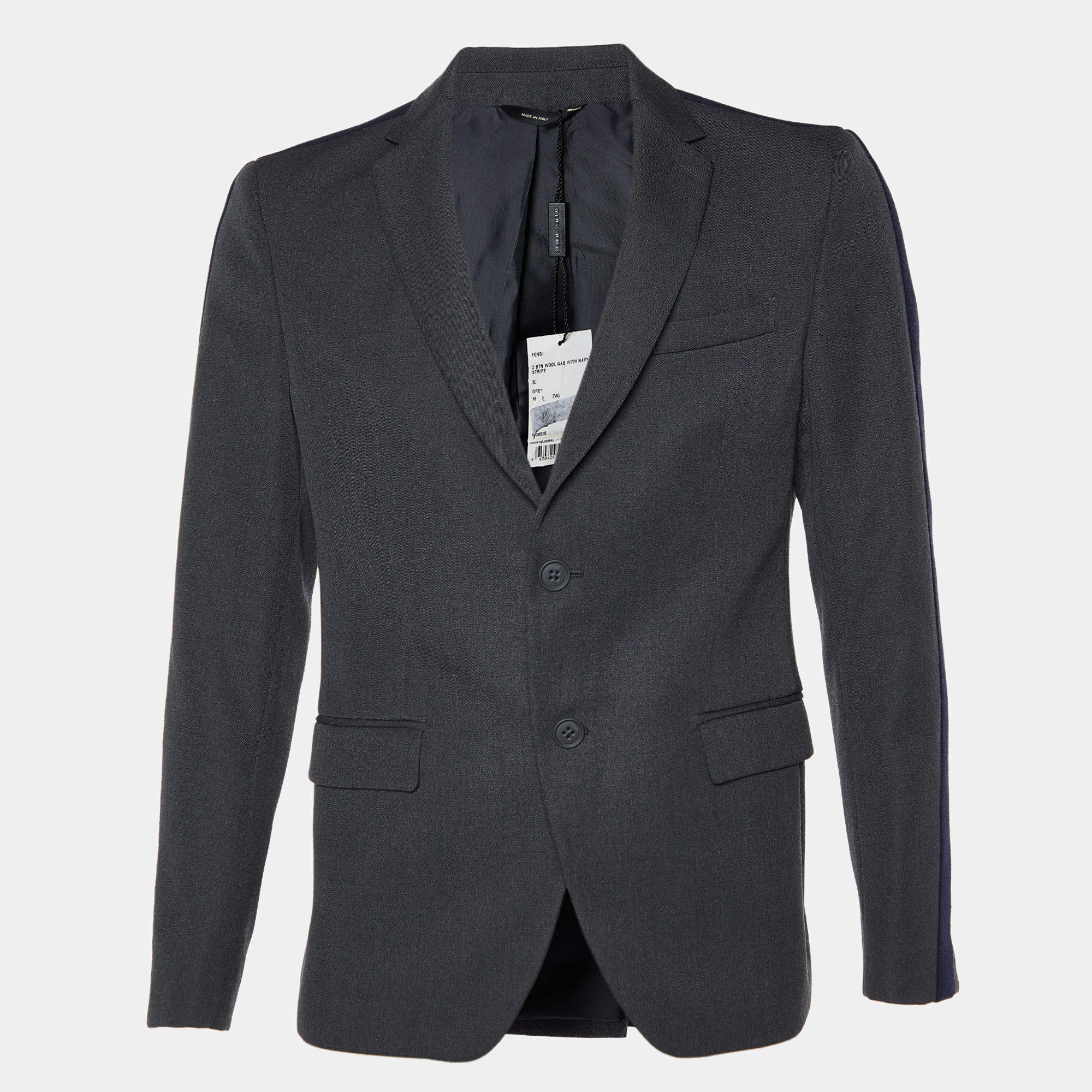 Pre Owned Fendi Dark Grey Wool Blend Contrast Trim Blazer L