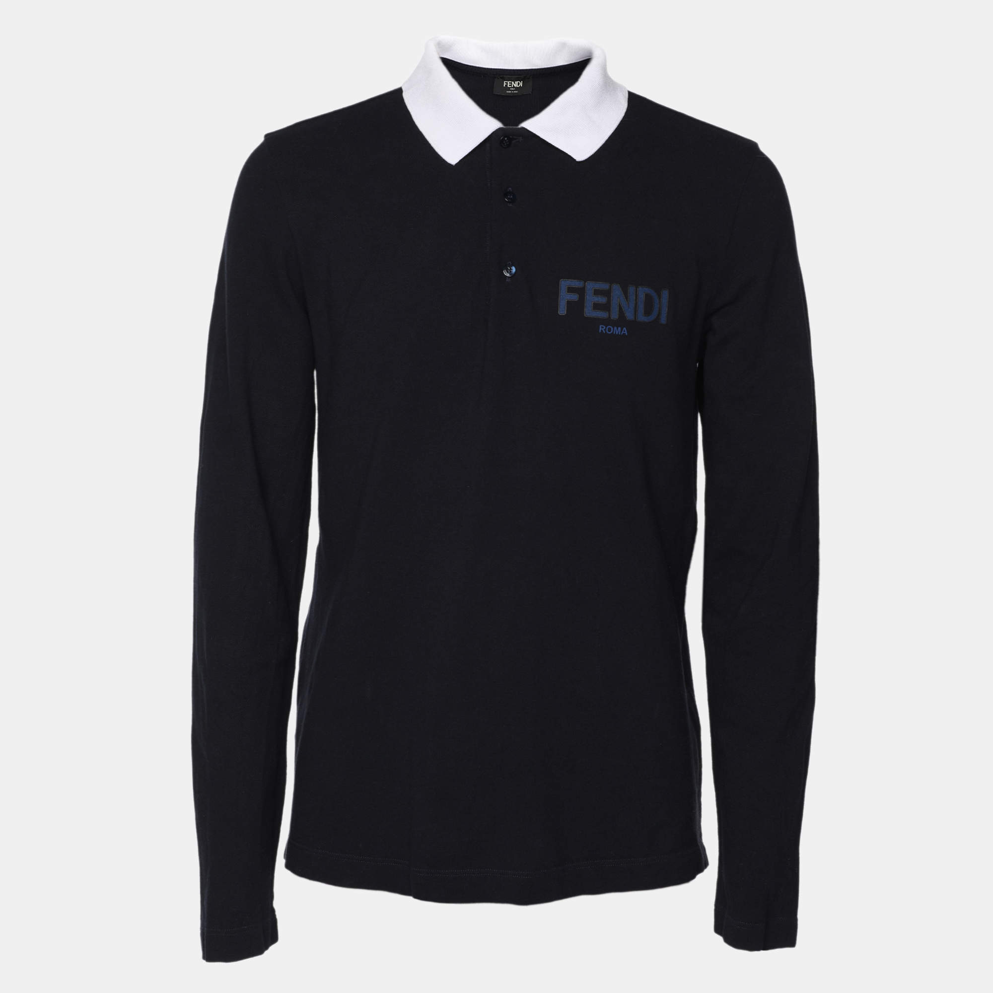 Pre Owned Fendi Navy Blue Cotton Knit Long Sleeve Polo Shirt M